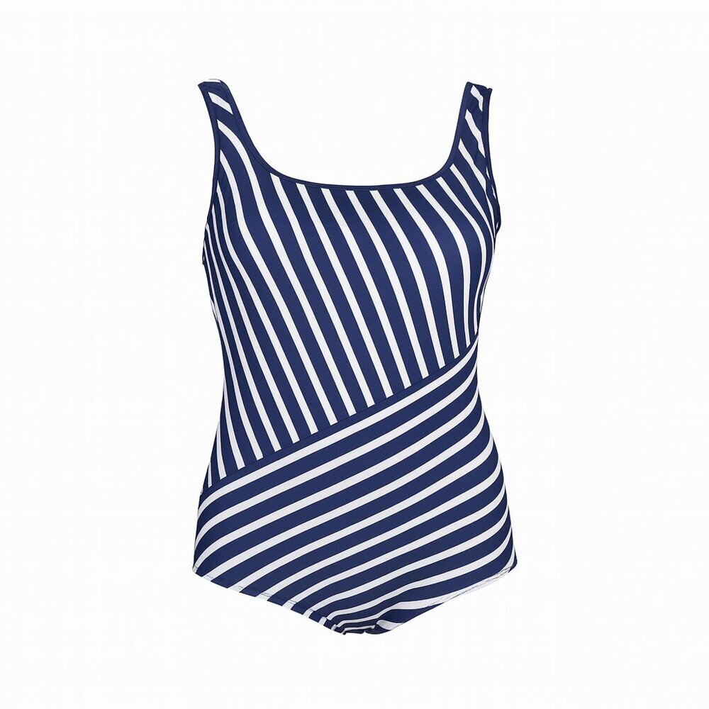 LANDS’ END One-Piece White Navy Stripe Nautical Swimsuit Size 12
